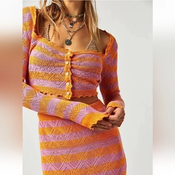 NWT Free People Benny Knit Skirt Set In Pink Orange Size XS - Picture 2 of 7